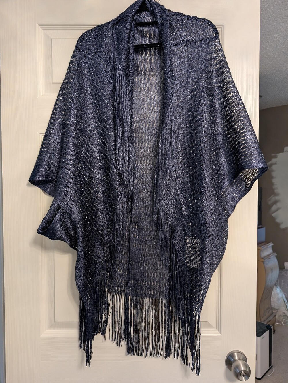Women's Navy Fringe Knit Shawl Wrap, NEW, OS